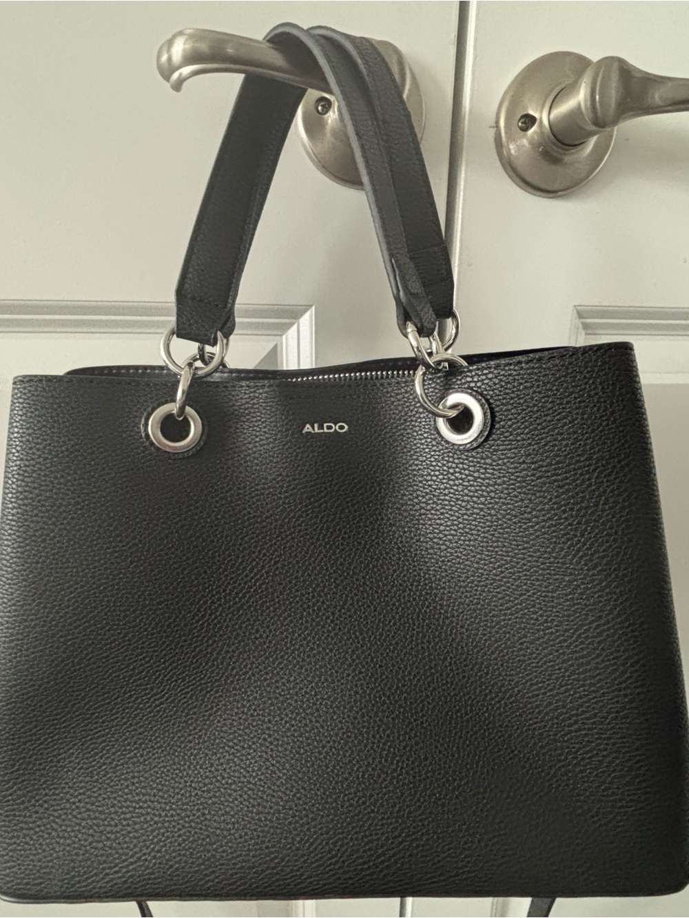 ALDO Black Pebbled Leather Double-Handle Tote with Silver Hardware